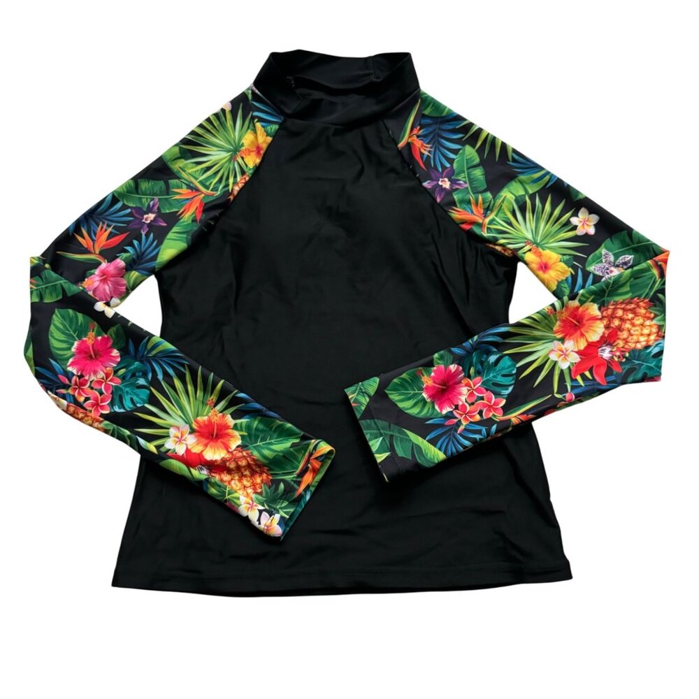 womens swimming top long sleeve sz small black / green floral padded summer NWOT